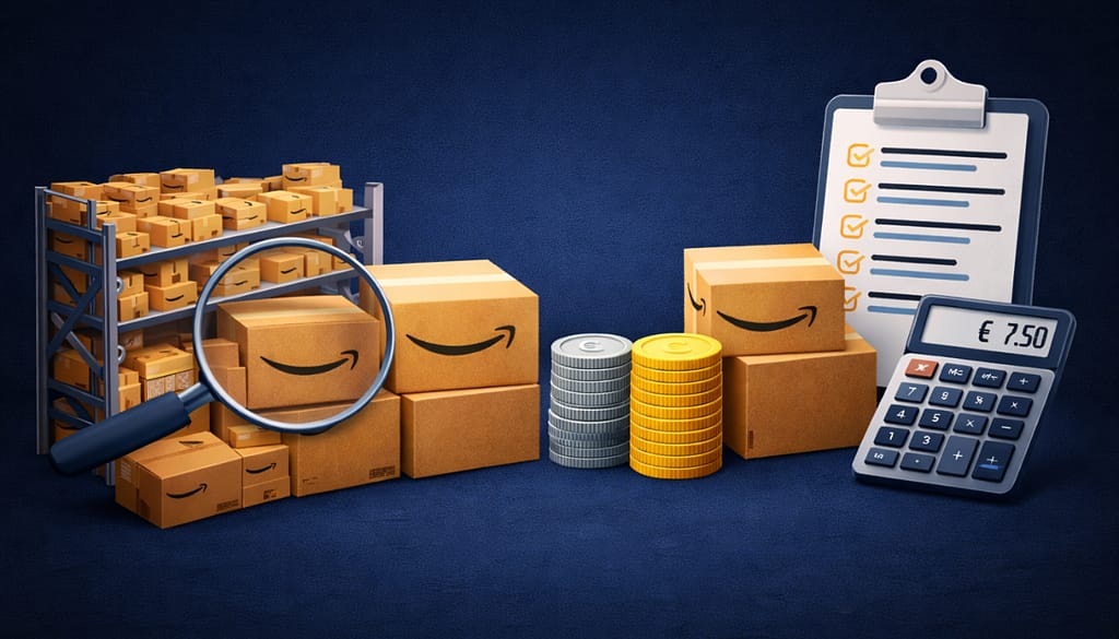 Illustration des frais FBA Amazon en France : calcul des coûts logistiques, stockage et impact sur la rentabilité