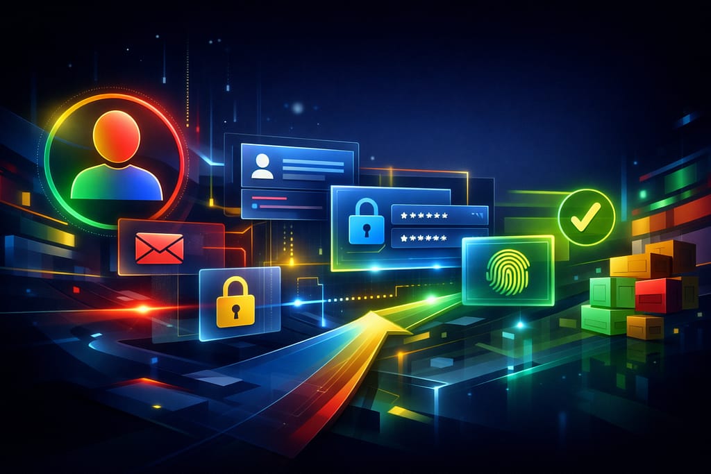 Visuel futuriste illustrant la création d’un compte eBay, pour vendeur débutant avec éléments de sécurité et validation